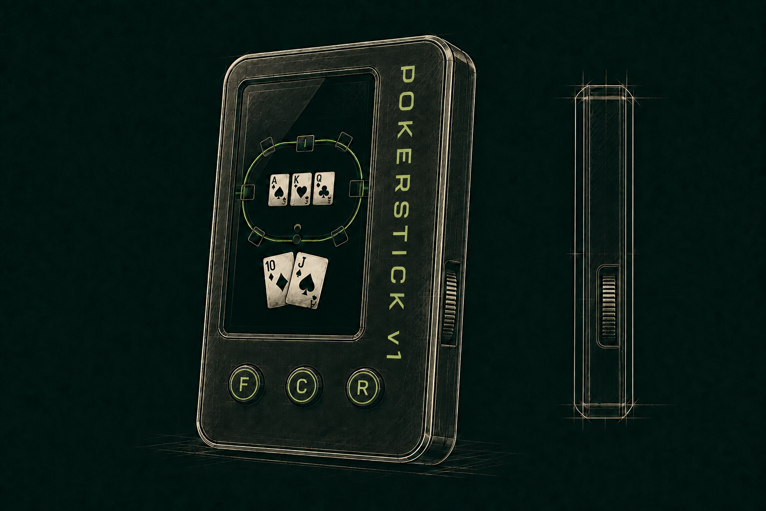 PokerStick v1 concept: left-offset screen, top-to-bottom wordmark, F C R buttons and a recessed right-side scroll wheel